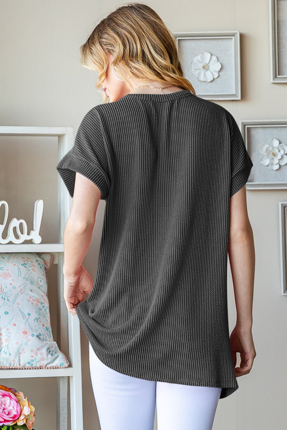 Heimish U S A Graphic Short Sleeve Ribbed Top in Charcoal