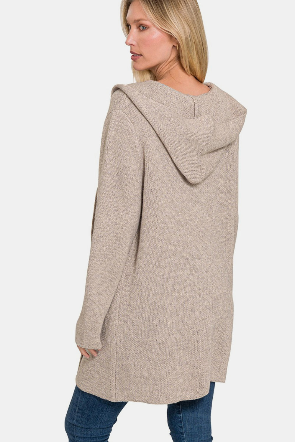 Zenana My Way Hooded Open Front Sweater Cardigan in Heather Mocha