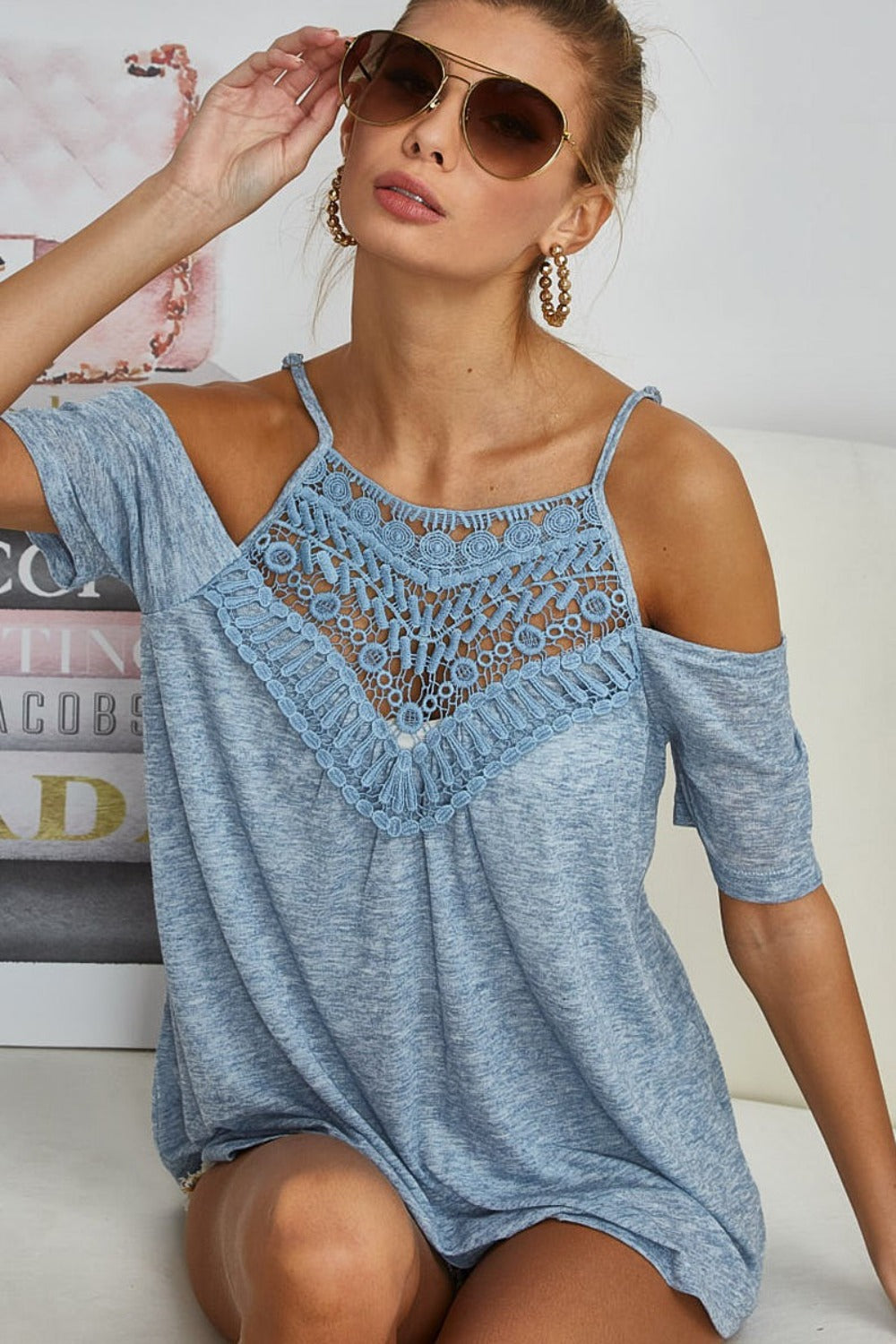 BiBi Playful Mindset Front Crochet Lace Adjustable Strap Top in Vintage Denim