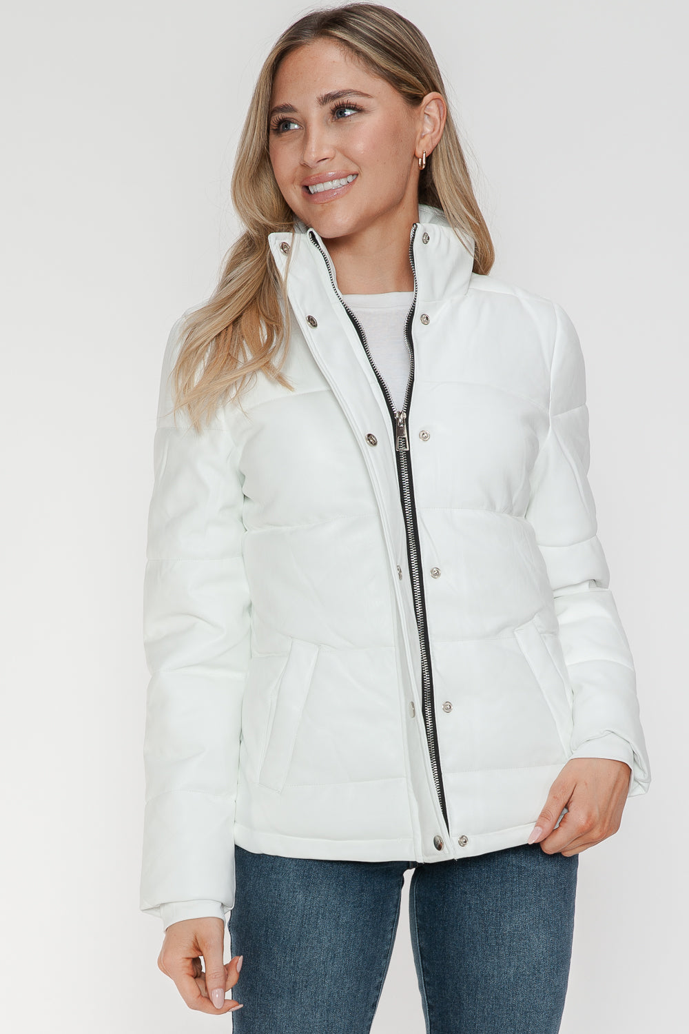 YMI Cozy Perfection Pocketed Zip Up Turtleneck Puffer Jacket in White