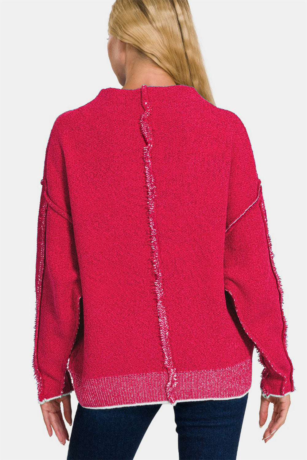 Zenana Give Me Adventures Exposed Seam Mock Neck Long Sleeve Sweater in Viva Magenta