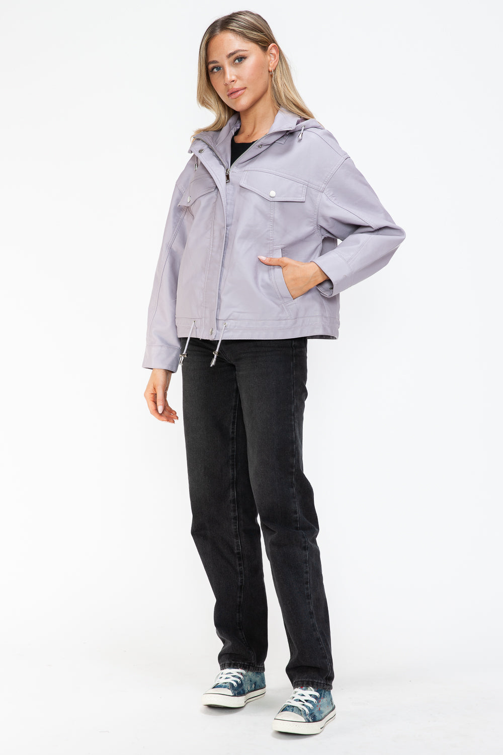 How Dare U My Favorite Layer Drawstring Hem PU Leather Zip Up Jacket in Lilac