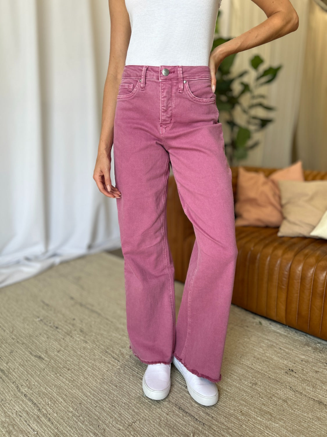 RFM Raelene High Rise Garment Dye Wide Leg Jeans in French Rose