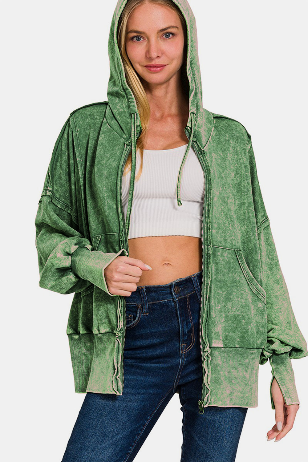 Zenana My Go To French Terry Acid Washed Zip-Up Hoodie with Pockets in Dark Green