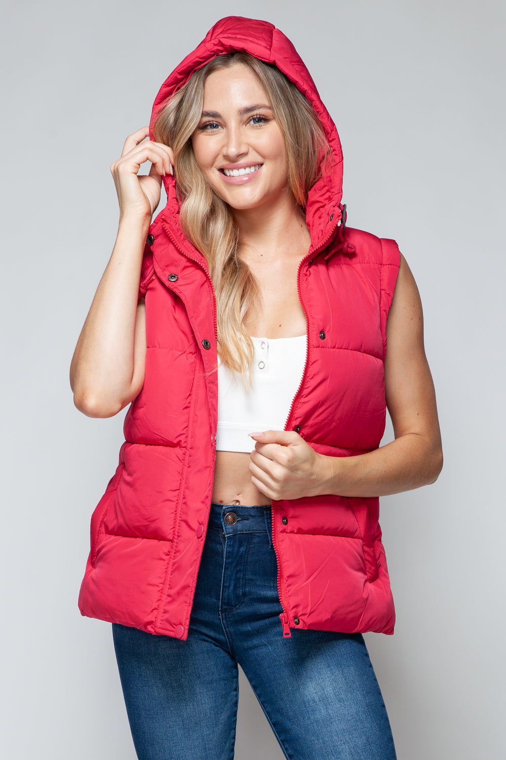 Snobbish Cute and Cozy Snap and Zip Closure Hooded Vest in Magenta