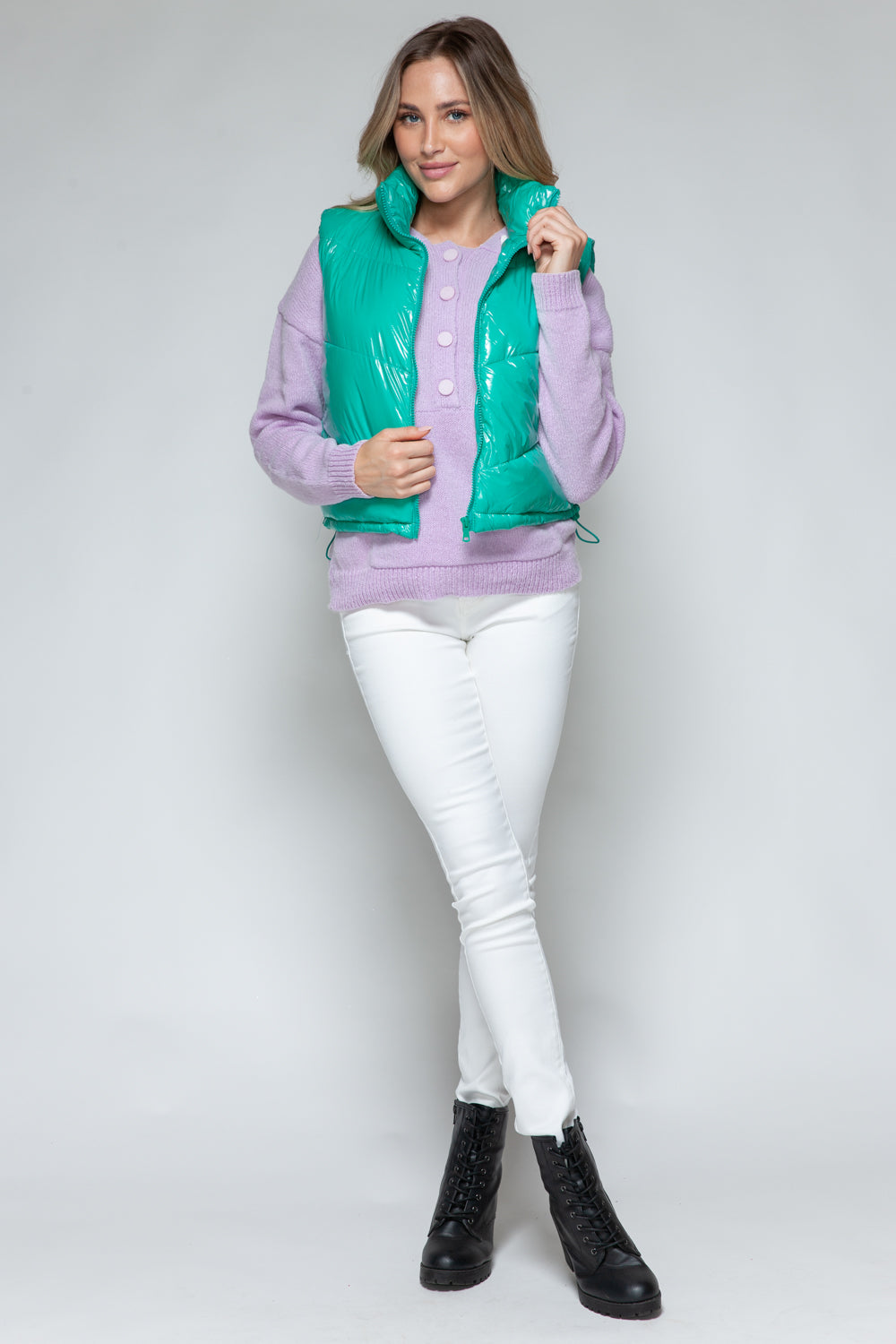 Snobbish A Quilted Touch Zip Up Turtleneck Shiny Quilted Vest in Green