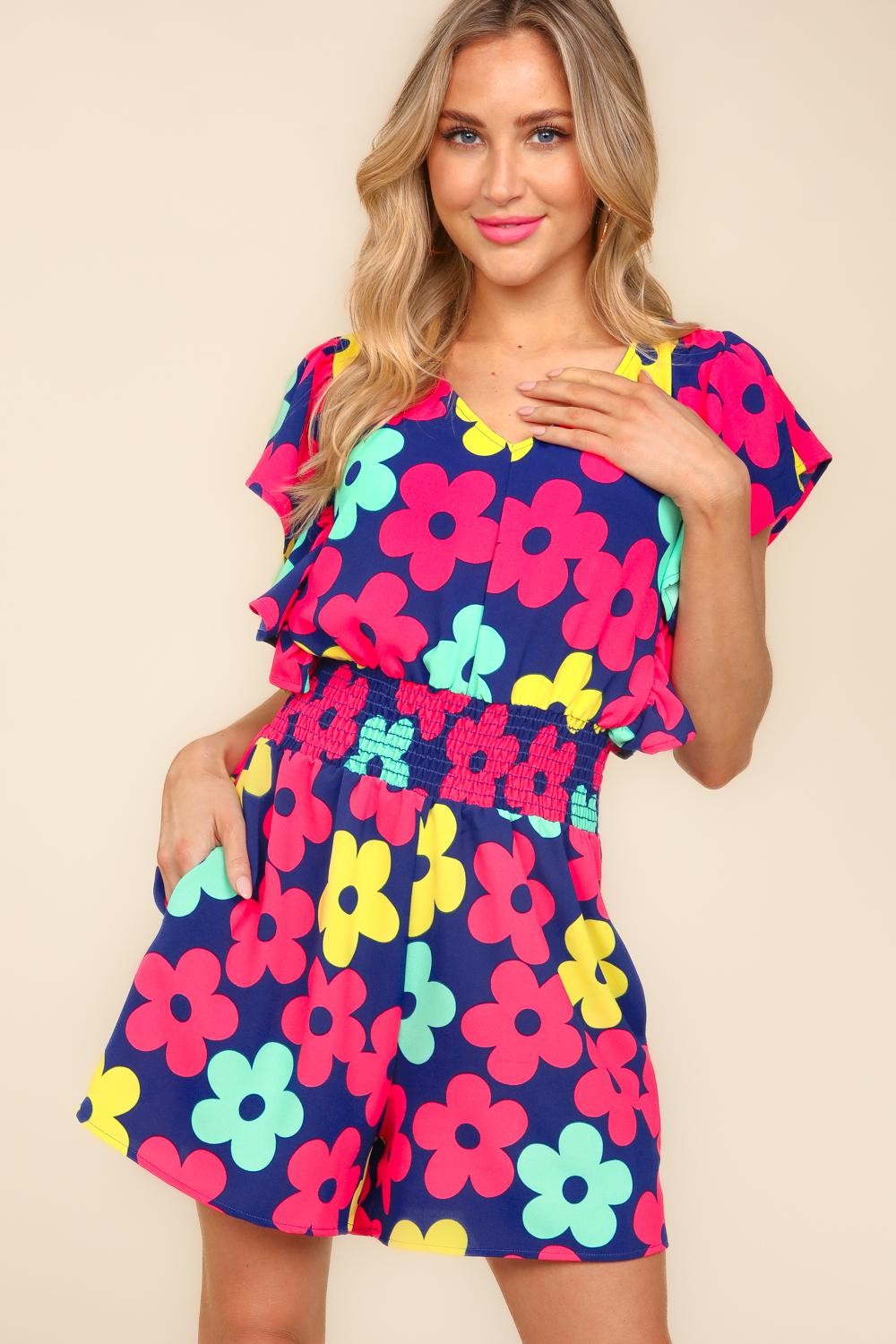 Haptics Pure Delight Floral Smocked Waist Romper with Side Pockets