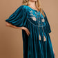 Umgee Stealing The Spotlight Embroidered Half Sleeve Velvet Mini Dress with Tassel in Deep Teal