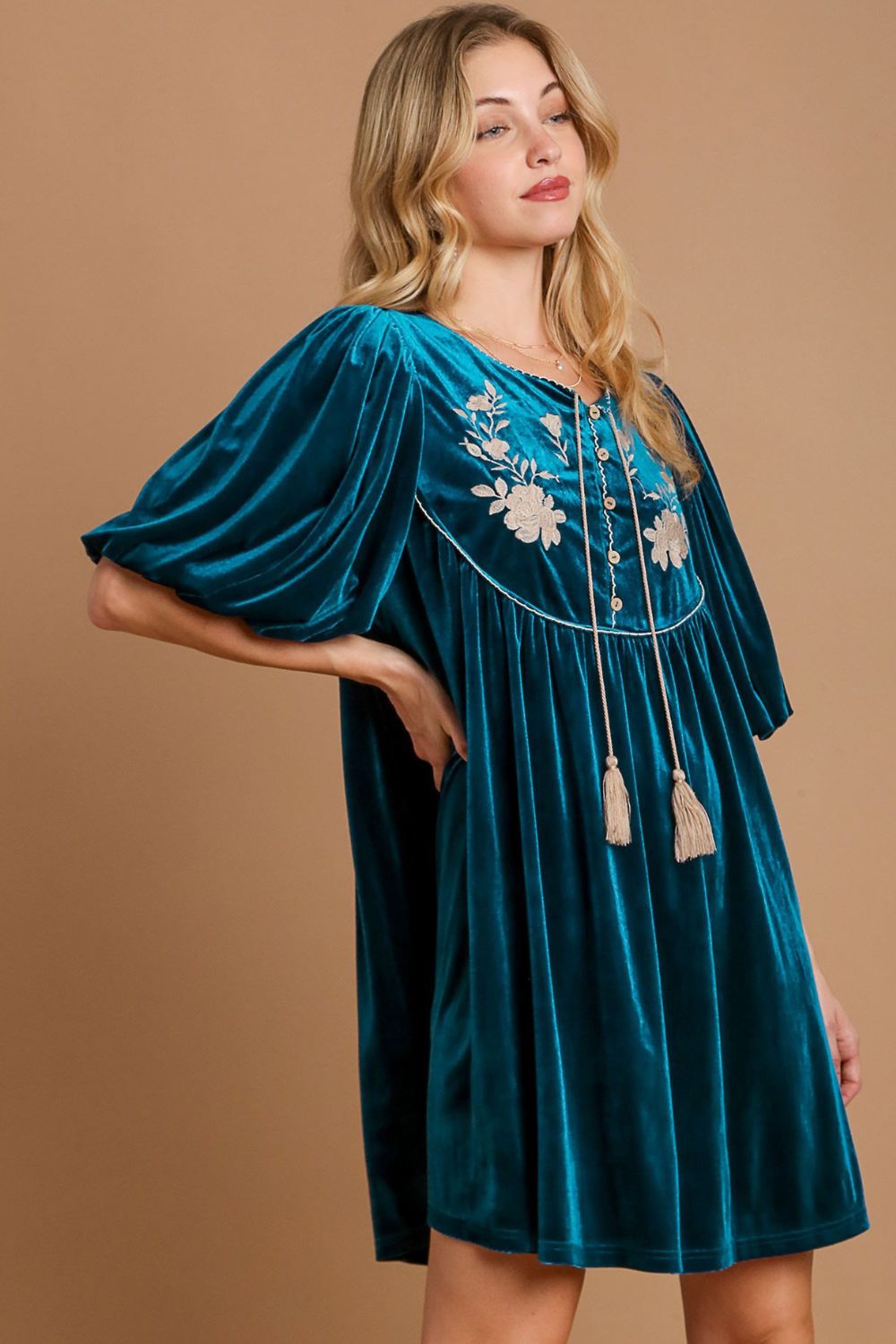 Umgee Stealing The Spotlight Embroidered Half Sleeve Velvet Mini Dress with Tassel in Deep Teal