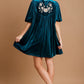 Umgee Stealing The Spotlight Embroidered Half Sleeve Velvet Mini Dress with Tassel in Deep Teal