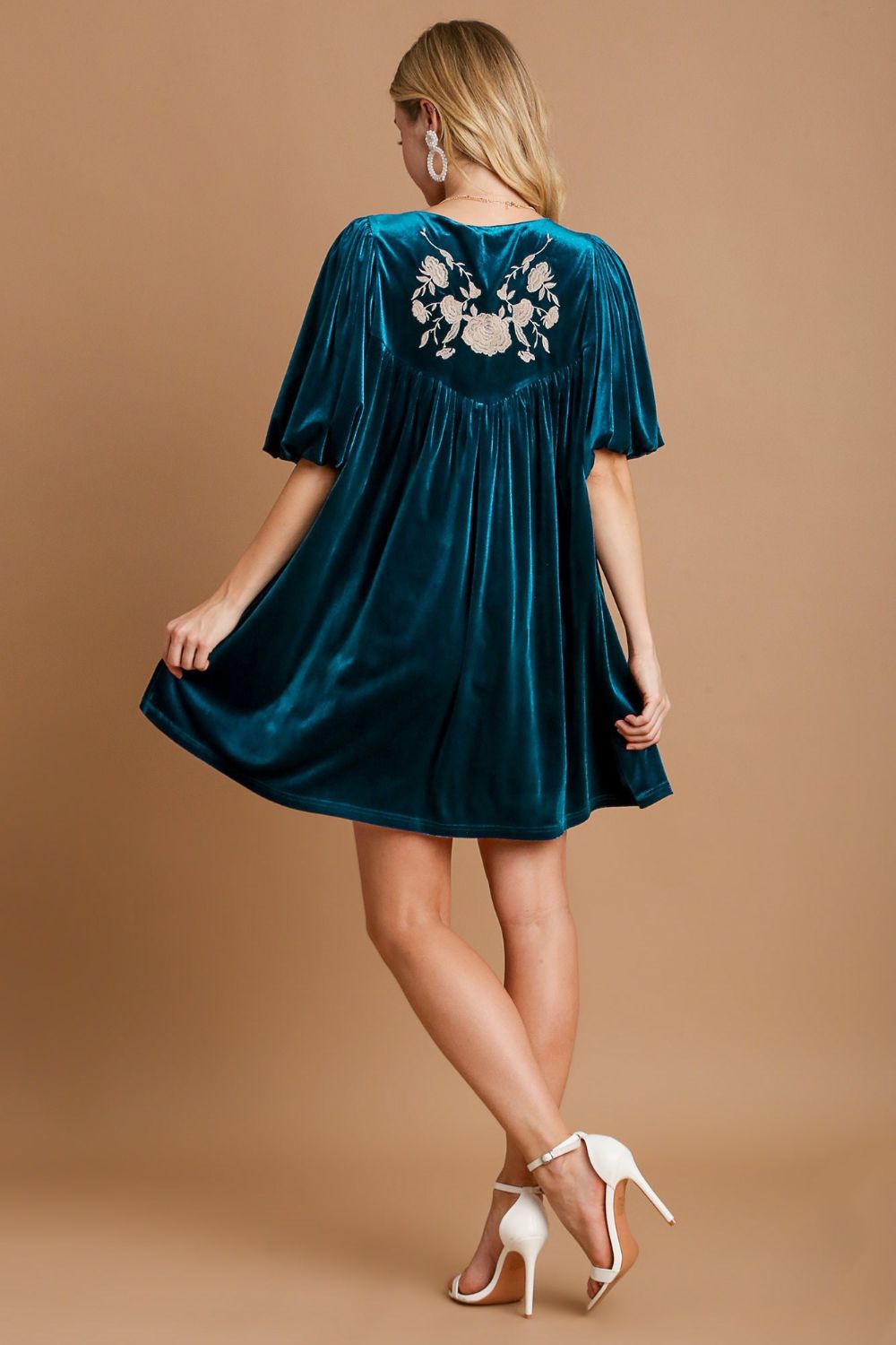 Umgee Stealing The Spotlight Embroidered Half Sleeve Velvet Mini Dress with Tassel in Deep Teal