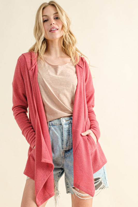 And The Why Take It Next Level Thermal Hooded Open Front Cardigan with Pockets in Rose Pink