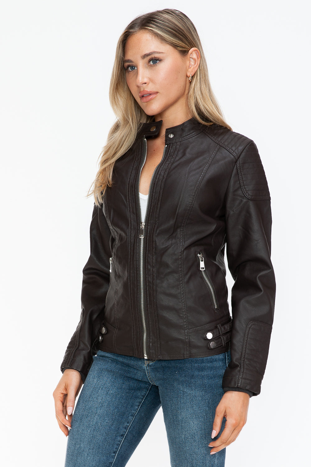 Snobbish A Wild Ride Faux Leather Biker Jacket with Side Zip Pockets in Chocolate