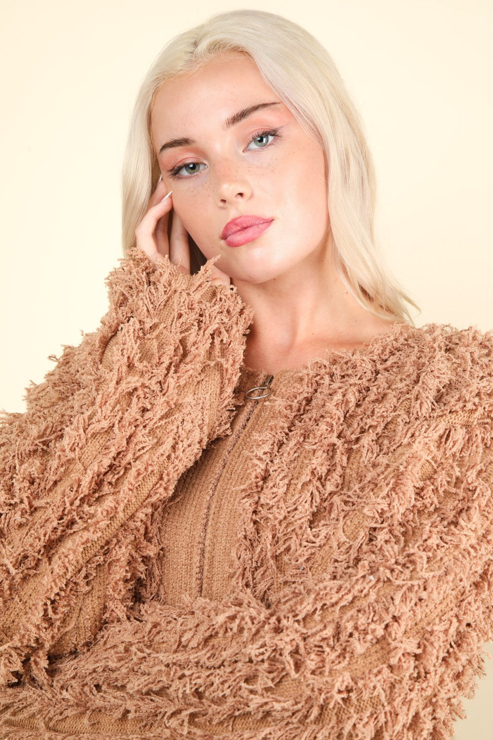 VERY J Feeling Fuzzy and Fabulous Shaggy Yarn Knit Zip Up Jacket in Mocha