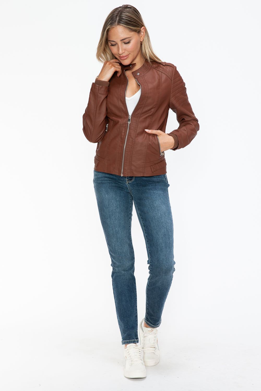 Snobbish Born To Ride PU Leather Biker Jacket with Side Zip Pockets in Brandy