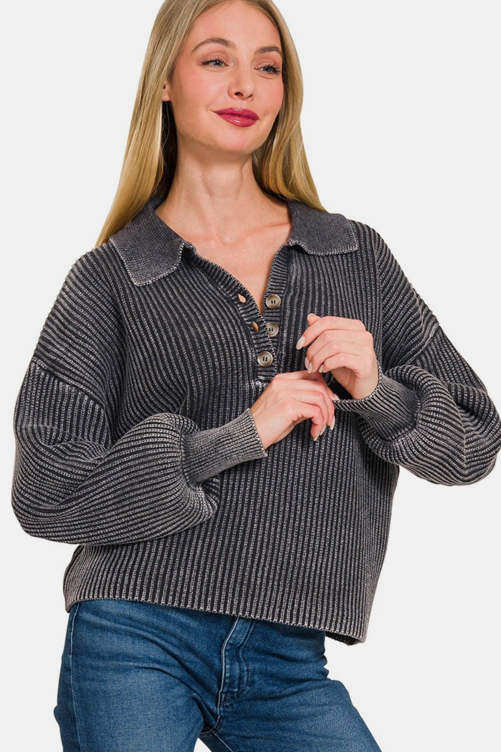 Zenana No Fade Washed Half Button Long Sleeve Sweater in Black