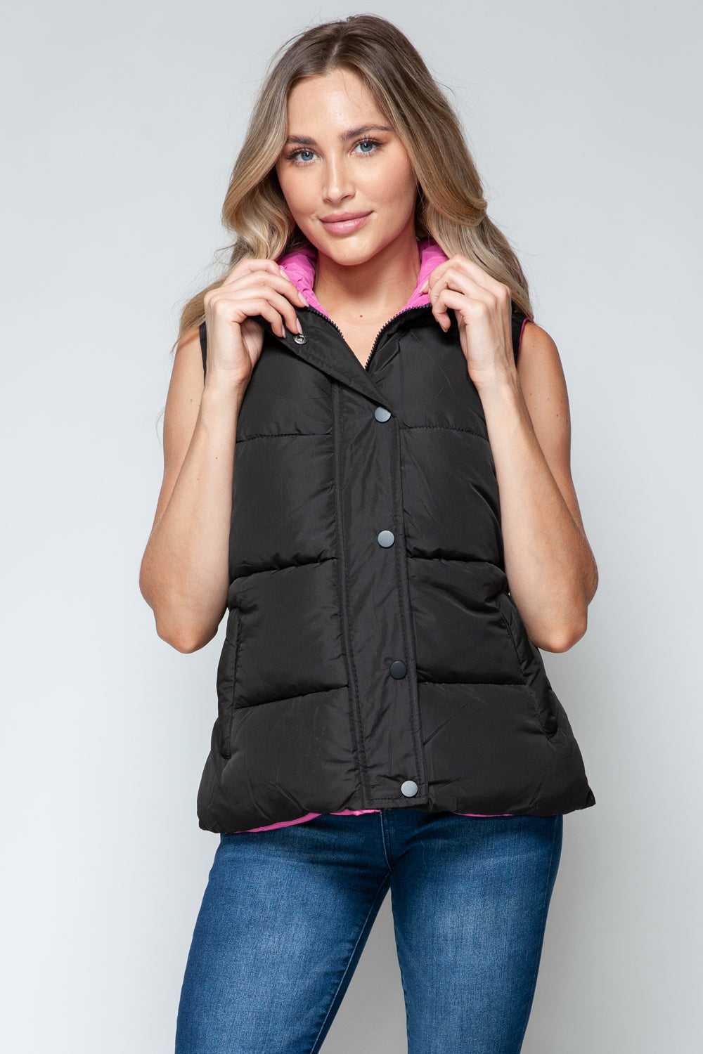 Snobbish Cute and Cozy Snap and Zip Closure Hooded Vest in Black/ Rose Violet