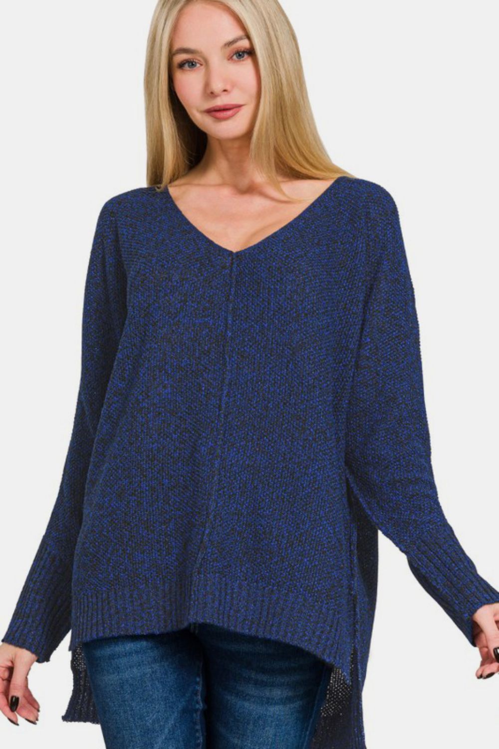 Zenana By The Fire High-Low Center Seam V-Neck Sweater in Dark Navy