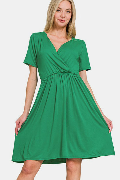 Zenana On The Right Track Surplice Short Sleeve Brushed DTY Dress in Green