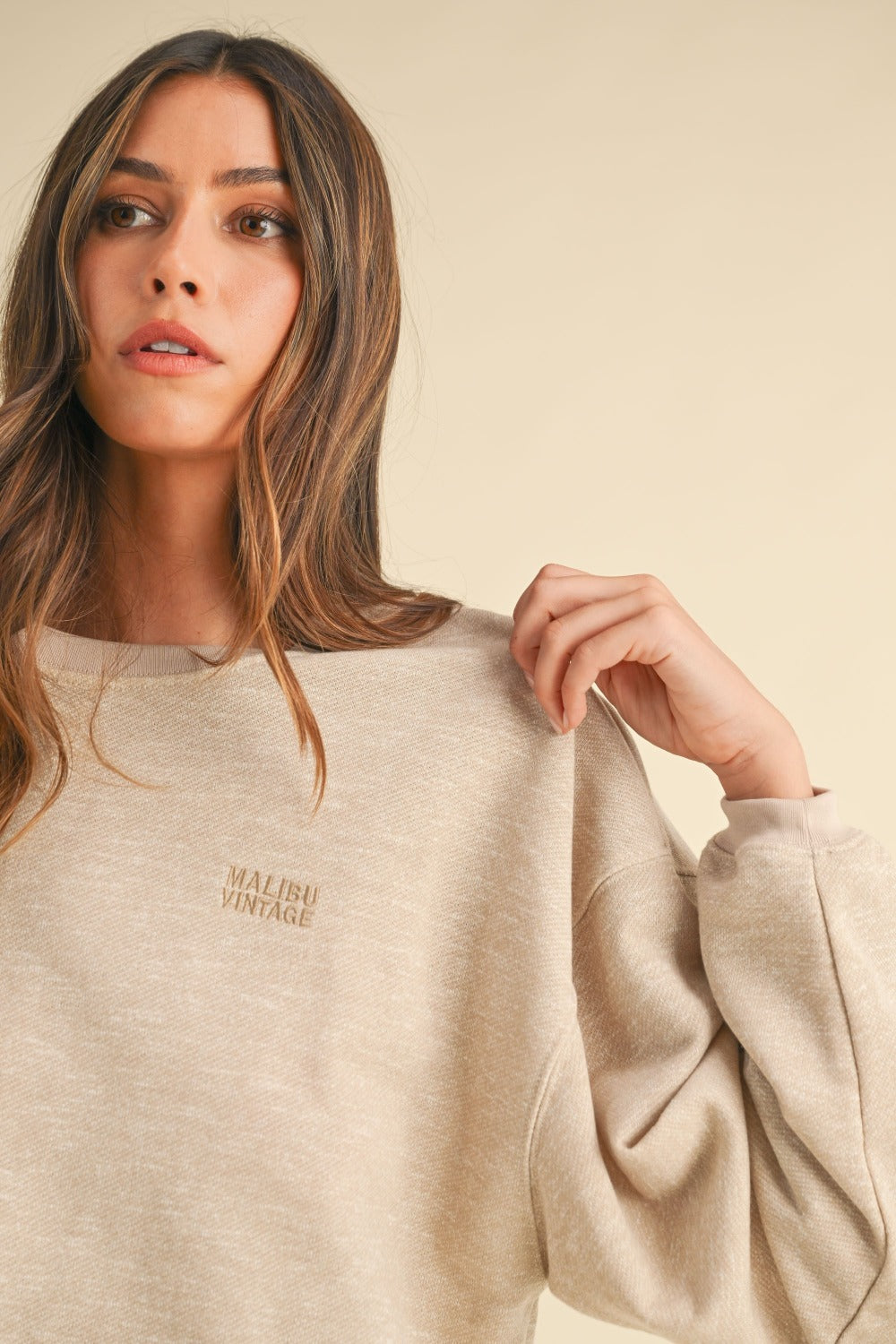 Mable Vintage in Malibu Letter Embroidery Crop Sweatshirt in Taupe