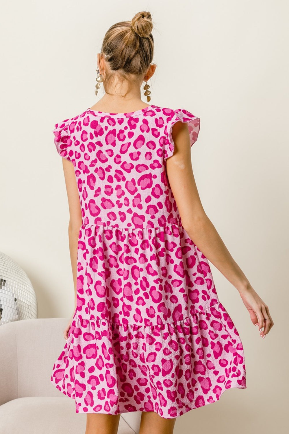 BiBi Pink Leopard Cap Sleeve Tiered Mini Dress