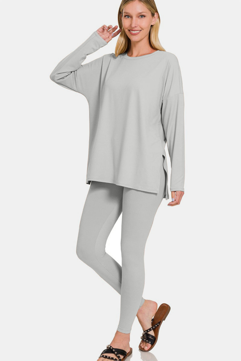 Zenana Lazy Days Brushed Microfiber Top and Leggings Lounge Set in Light Grey