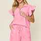 Double Take My Best Life Texture Flounce Sleeve Top and Drawstring Shorts Set