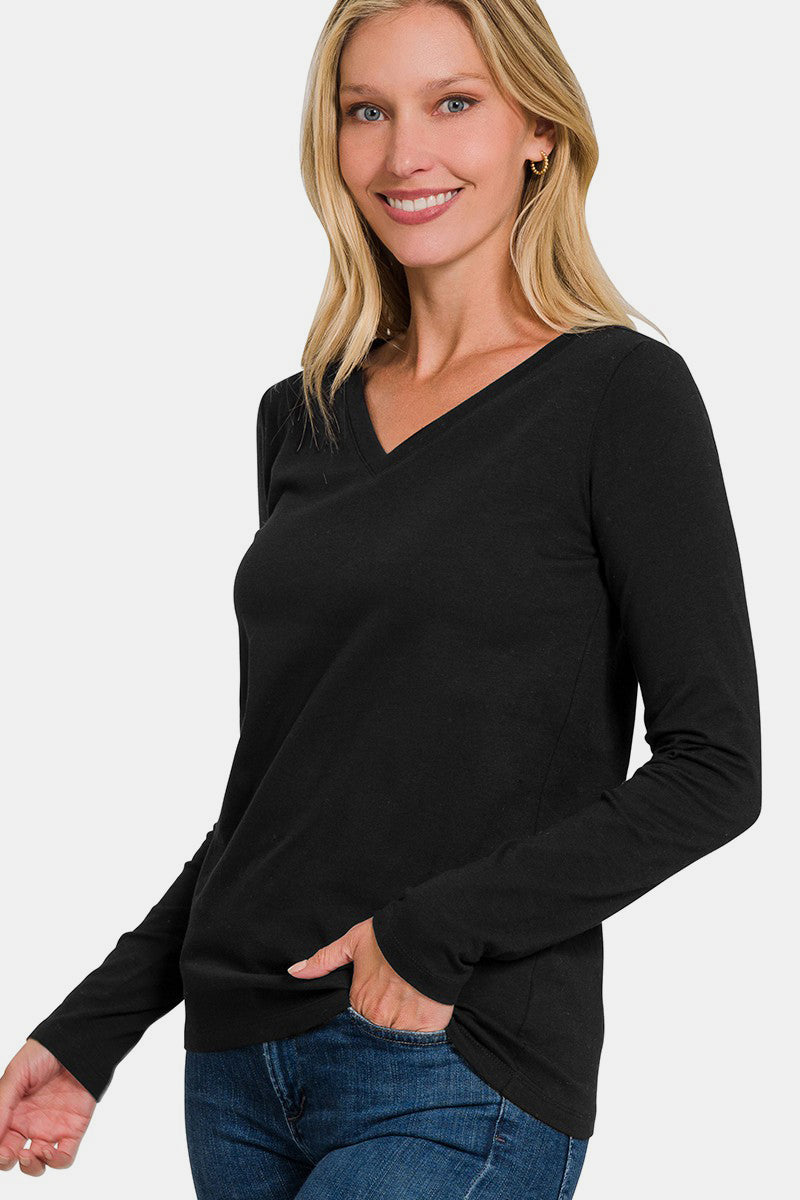 Zenana Make Your Mark V-Neck Long Sleeve T-Shirt in Black