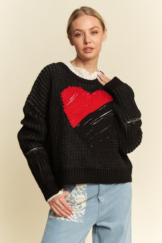 Davi & Dani Heartfelt Vibes Contrast Heart Dropped Shoulder Sweater