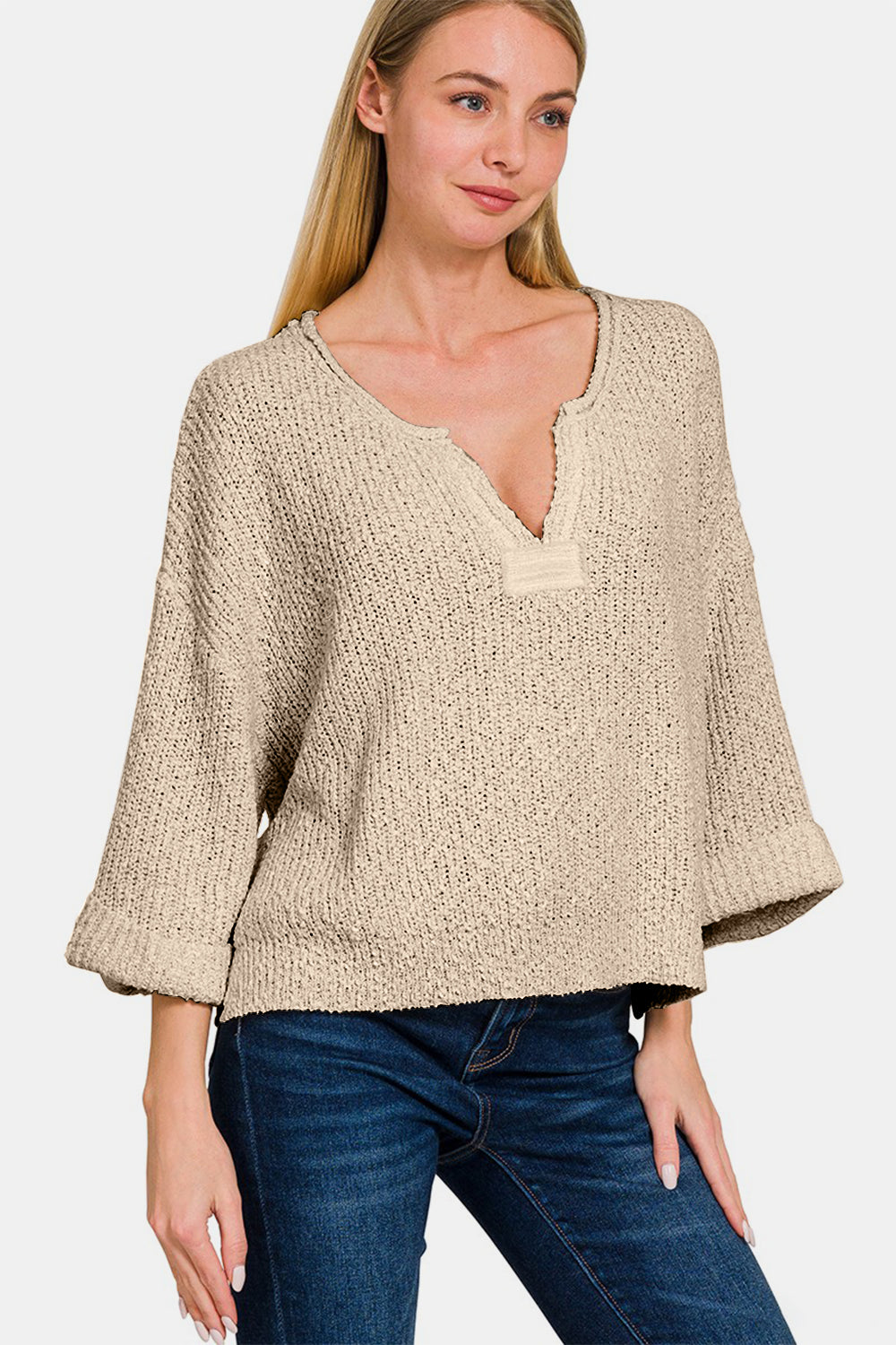 Zenana The Moment Is Here Notched Side Slit Patch Sweater in H Mocha