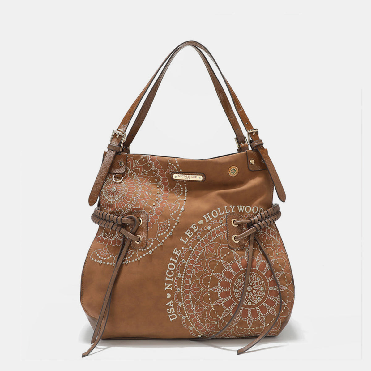 Nicole Lee USA Free Spirit Side Braided Tassel Inlaid Rhinestone Embroidery Hobo Bag