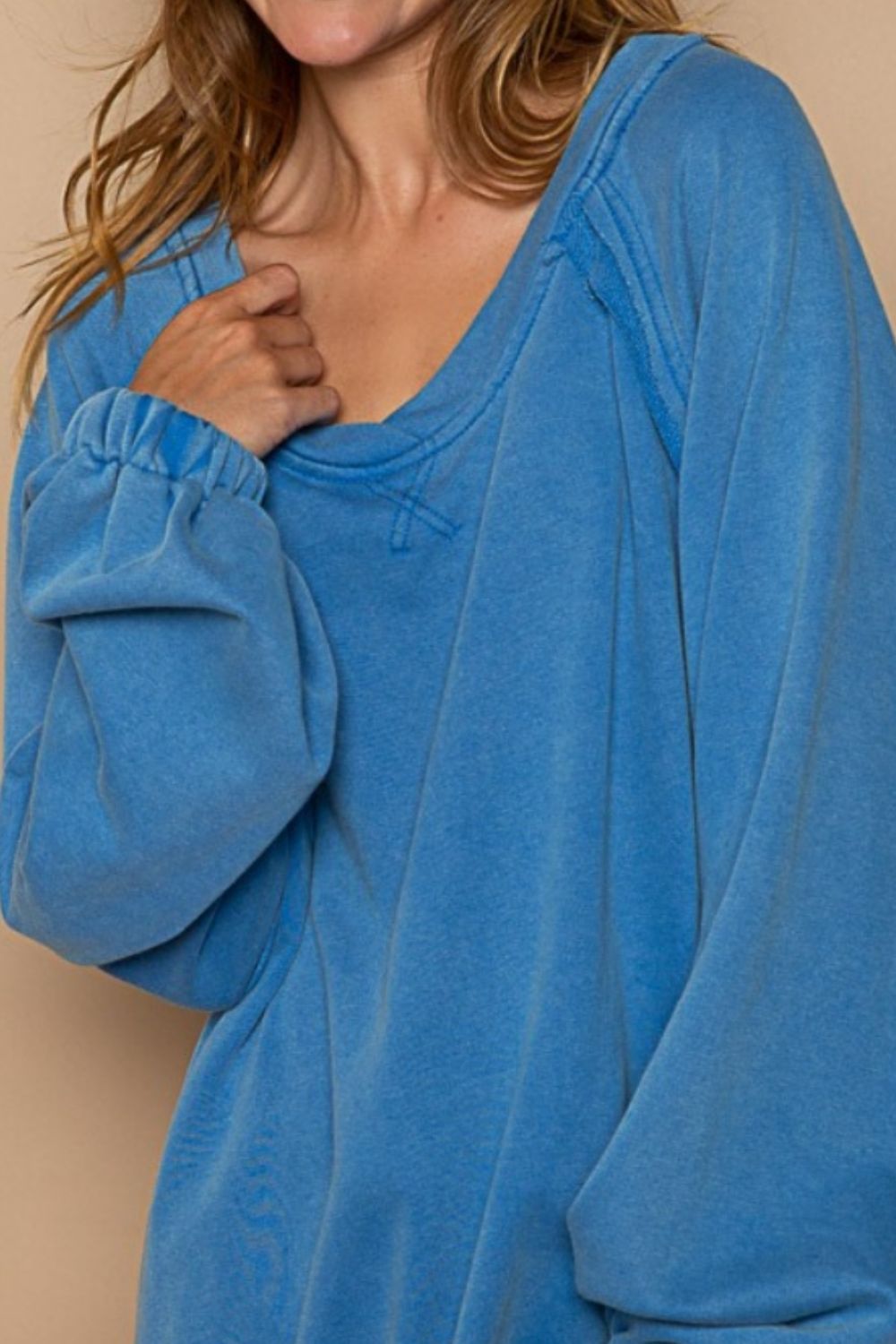 POL Feeling Happy Back Cross Strap Detail Balloon Sleeve Sweatshirt in Cobalt Blue