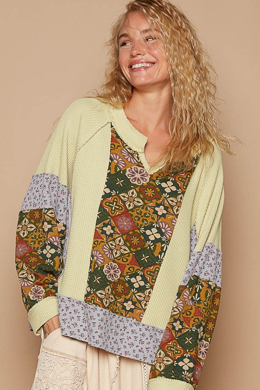 POL A Touch of Sunshine Exposed Seam Printed Notched Neck Raglan Sleeve Knit Top