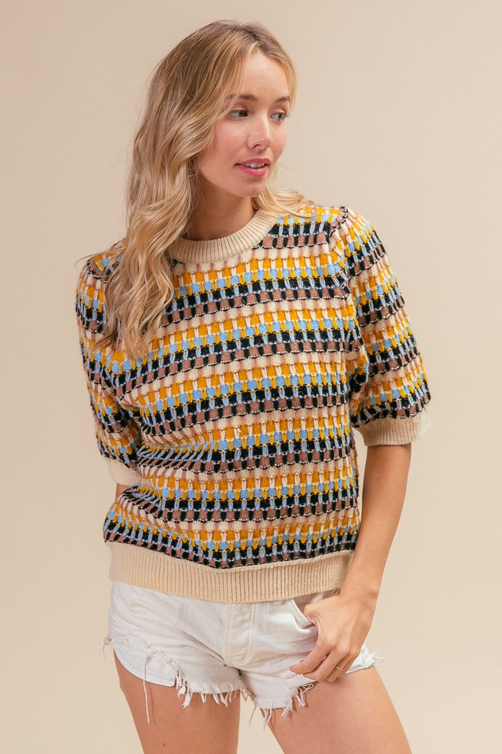 BiBi Chasing Vintage Multi Color Half Sleeve Sweater