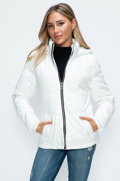 How Dare U Embrace The Chill Pocketed Zip Up Puffer Jacket with Removable Hood in White