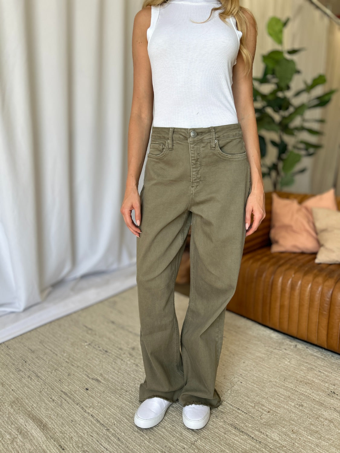 RFM Dani High Rise Garment Dye Wide Leg Jeans in Sage