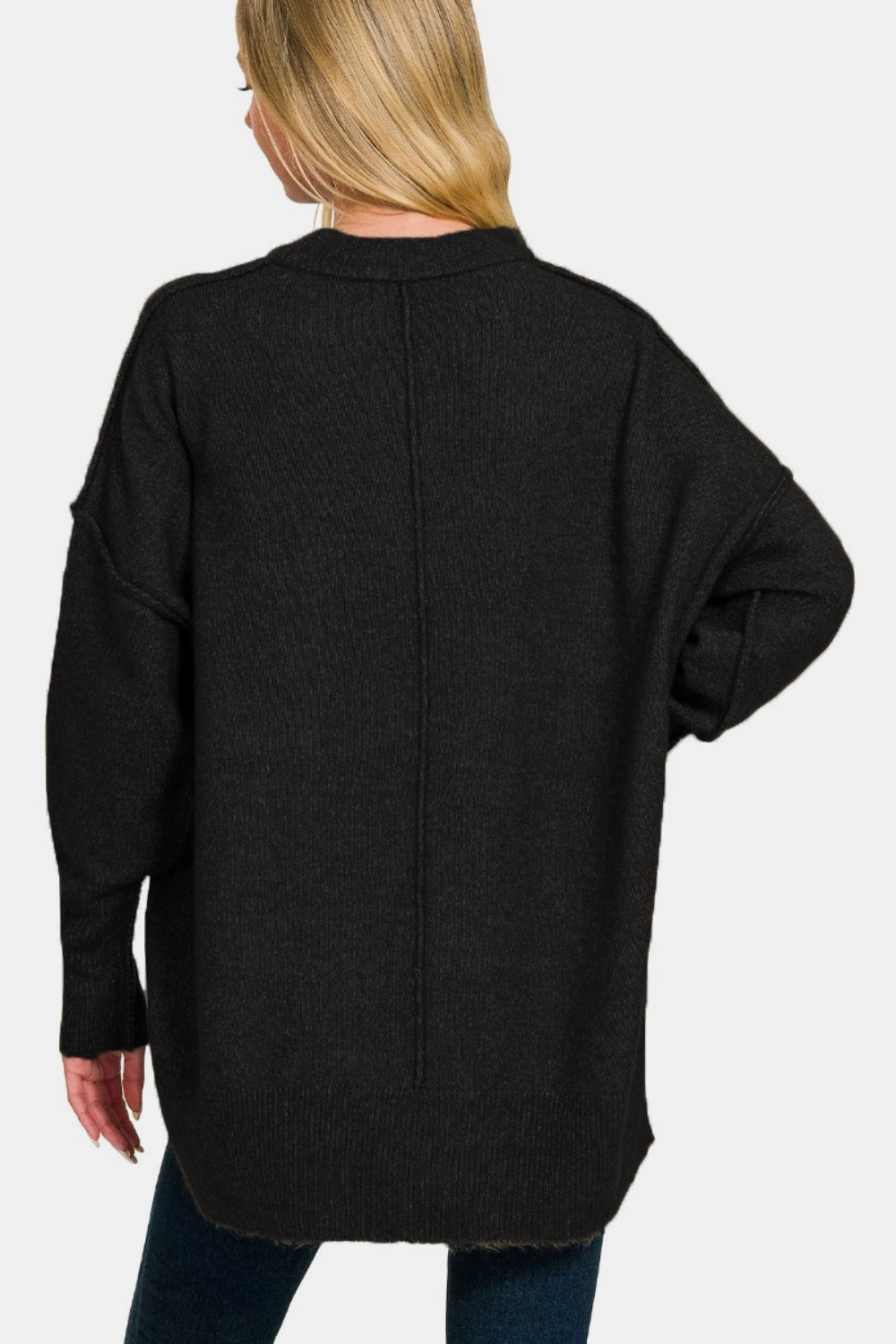 Zenana Everyday Cozy High-Low Hem Drop Shoulder Sweater in Black