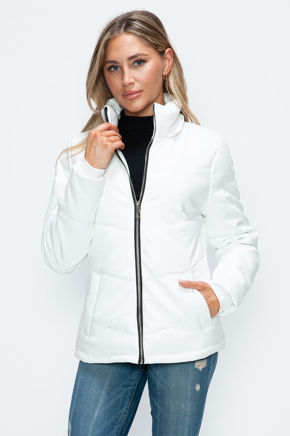 How Dare U Embrace The Chill Pocketed Zip Up Puffer Jacket with Removable Hood in White