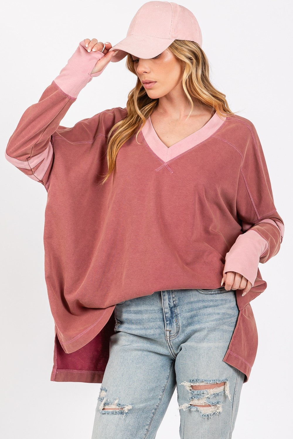 SAGE + FIG Mulberry Lane Mineral Wash Side Slit Contrast T-Shirt