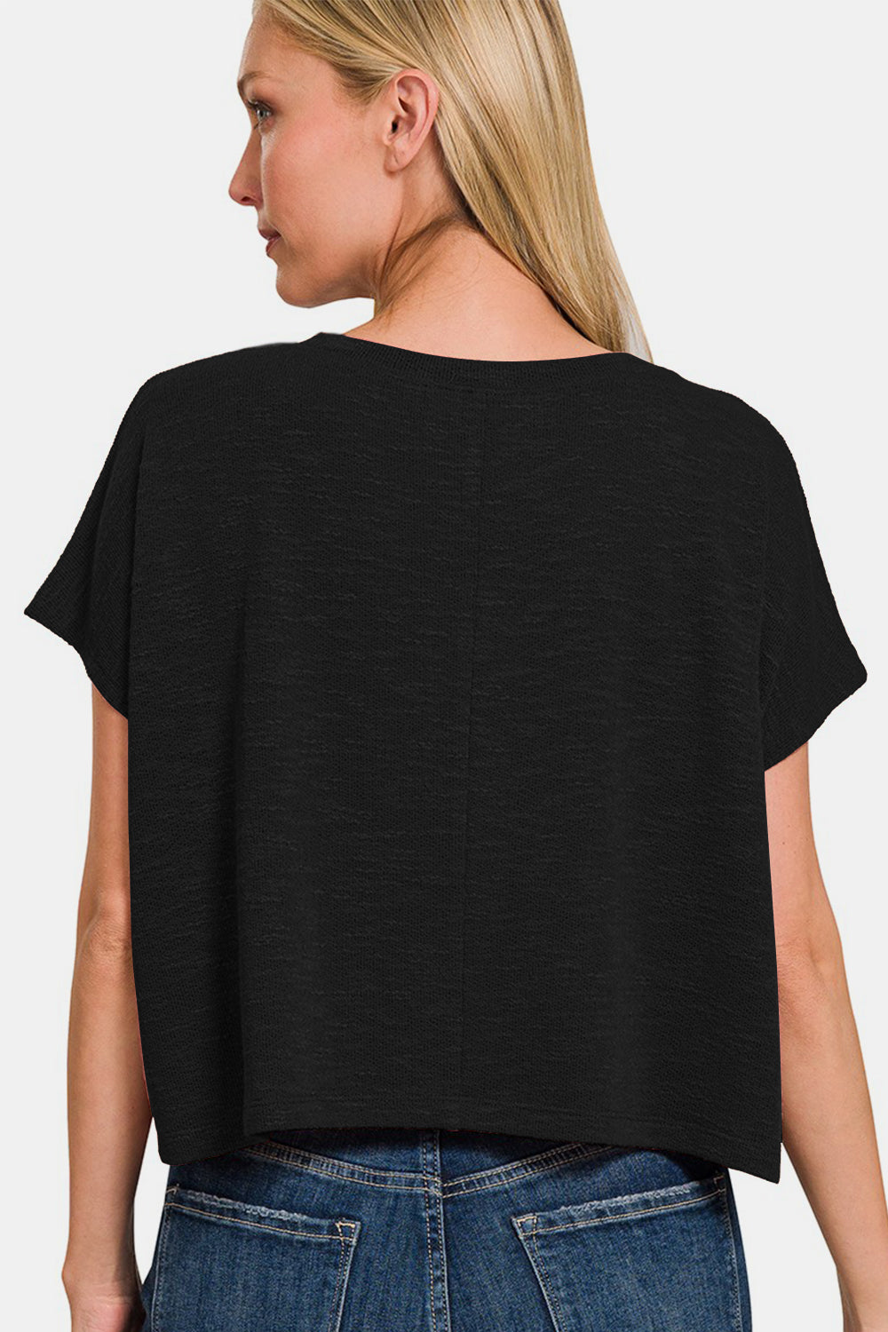 Zenana Back To Simple V-Neck Short Sleeve Crop T-Shirt in Black