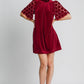 Umgee A Magic Match Dotted Lace Half Sleeve Mock Neck Back Tie Velvet Dress in Burgundy