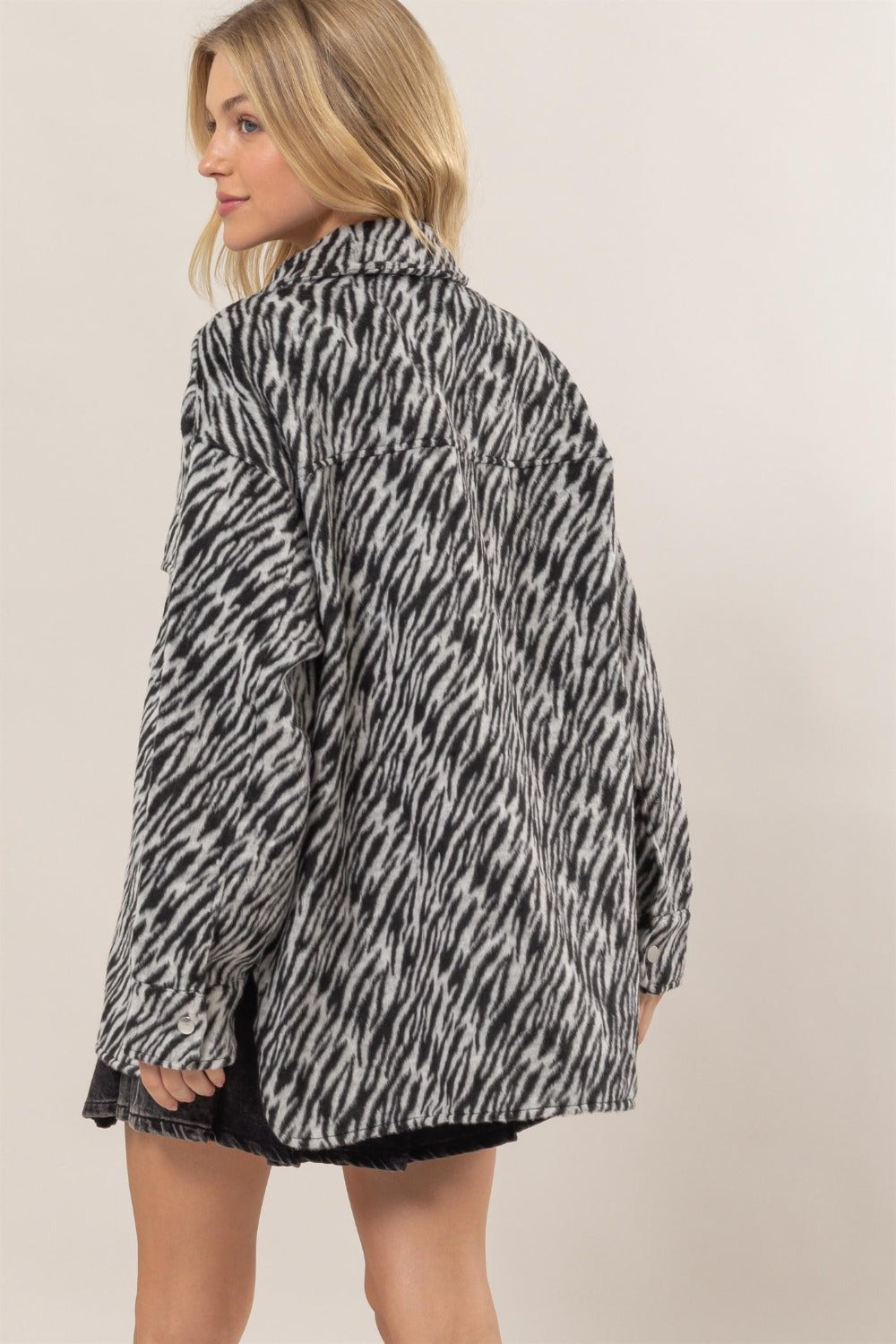 HYFVE Wild Side Zebra Print Snap Down Long Sleeve Shacket