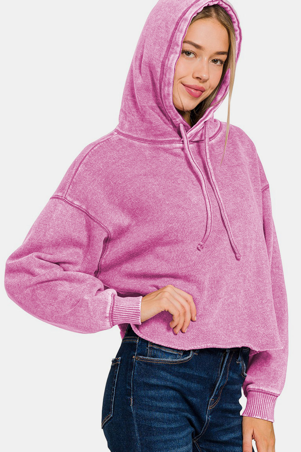 Zenana My Happy Place Acid Wash Fleece Cropped Hoodie in Mauve