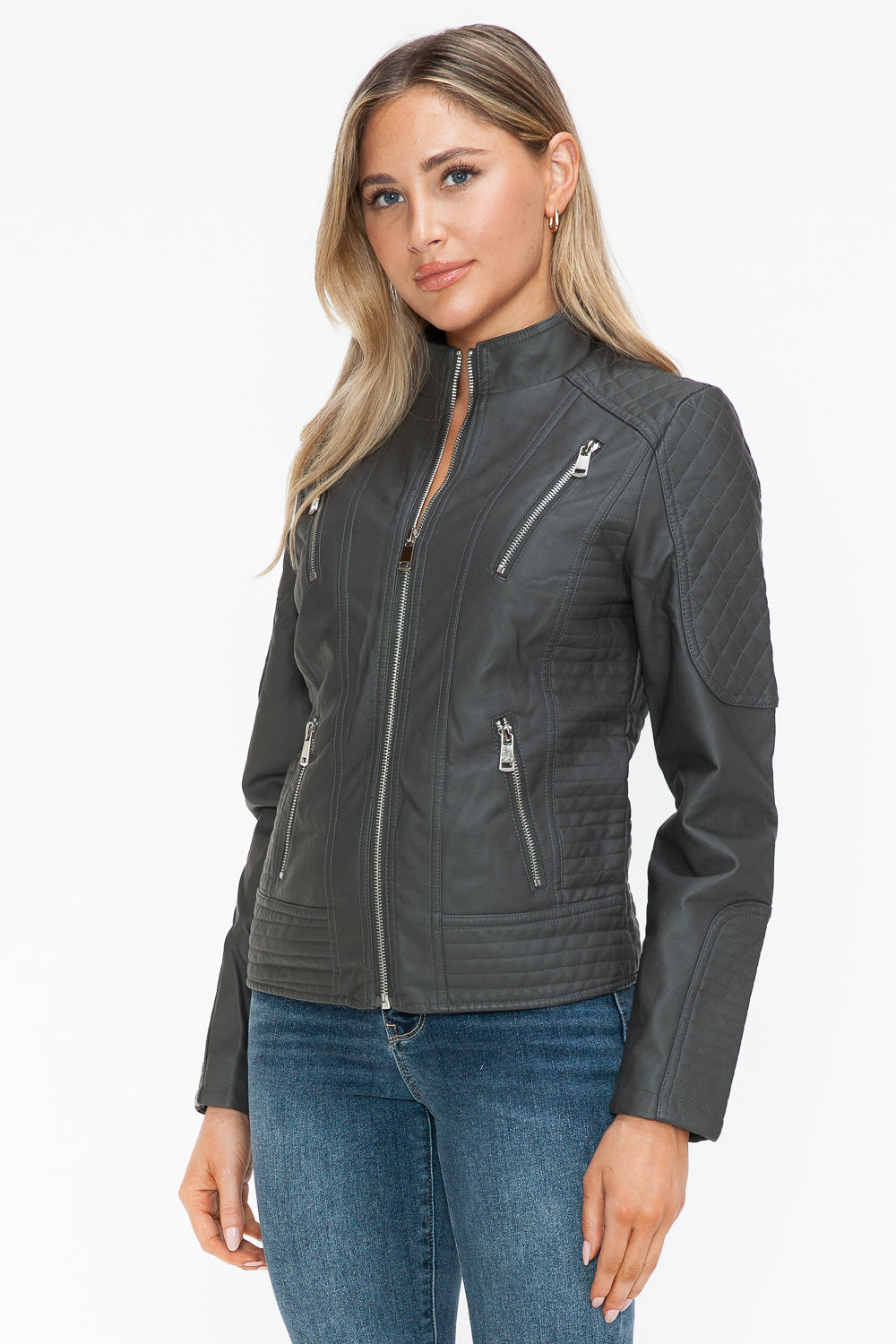 Snobbish Ready To Own The Night Faux Leather Zip Up Mock Neck Jacket in Charcoal