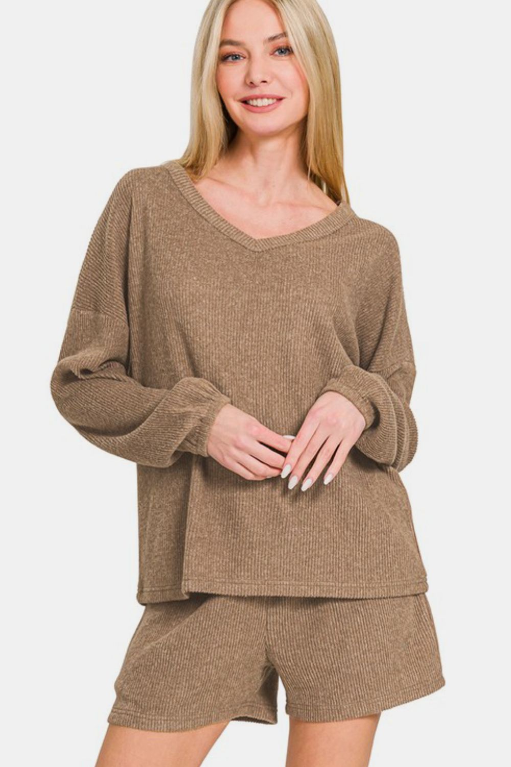 Zenana Collecting Moments V-Neck Long Sleeve Ribbed Top and Shorts Set in Camel