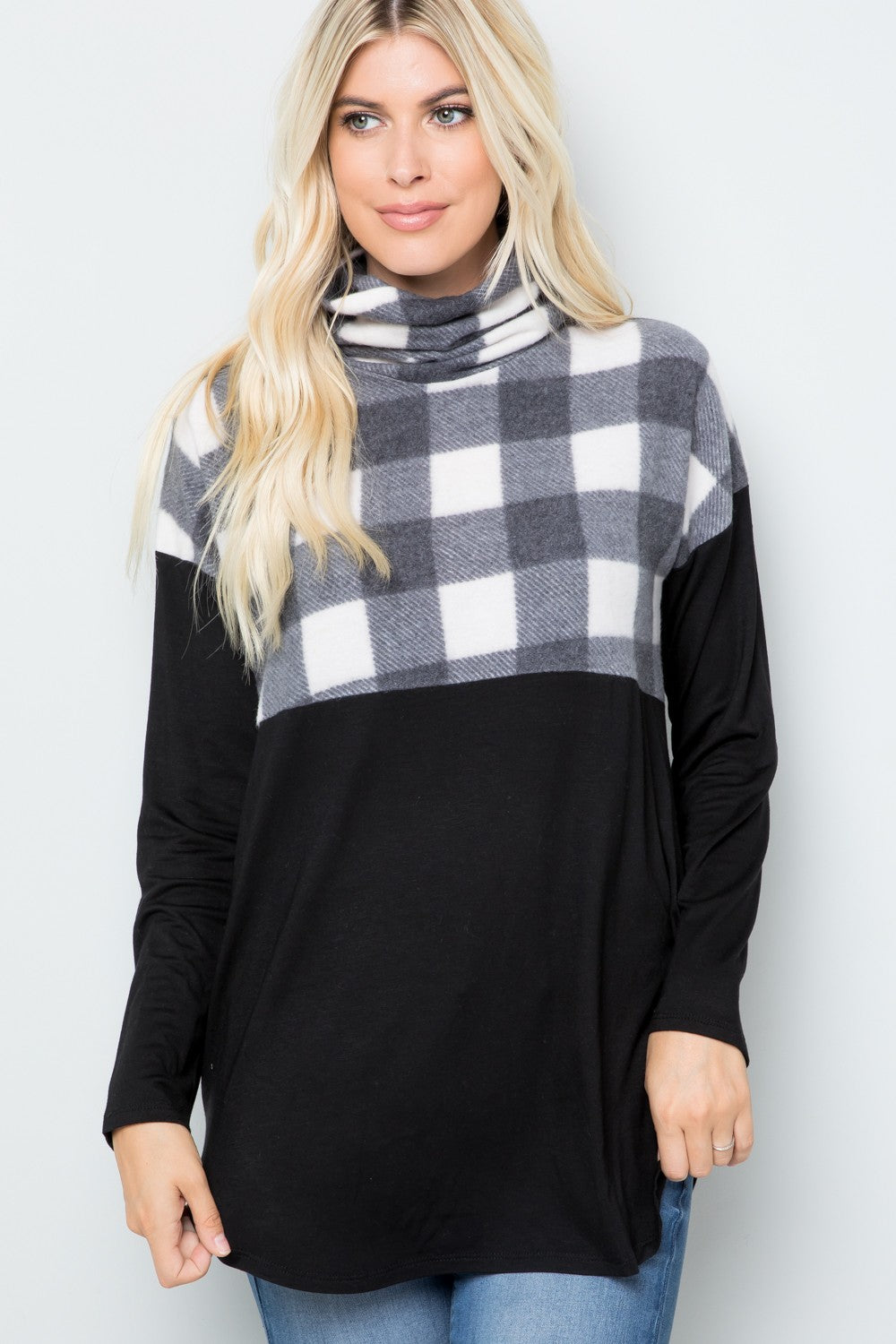 Celeste Plaid Days Pocketed Turtleneck Long Sleeve Blouse