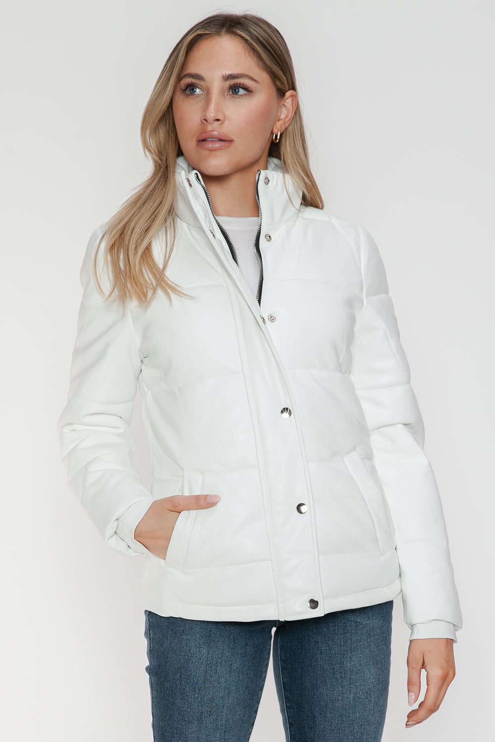 YMI Cozy Perfection Pocketed Zip Up Turtleneck Puffer Jacket in White