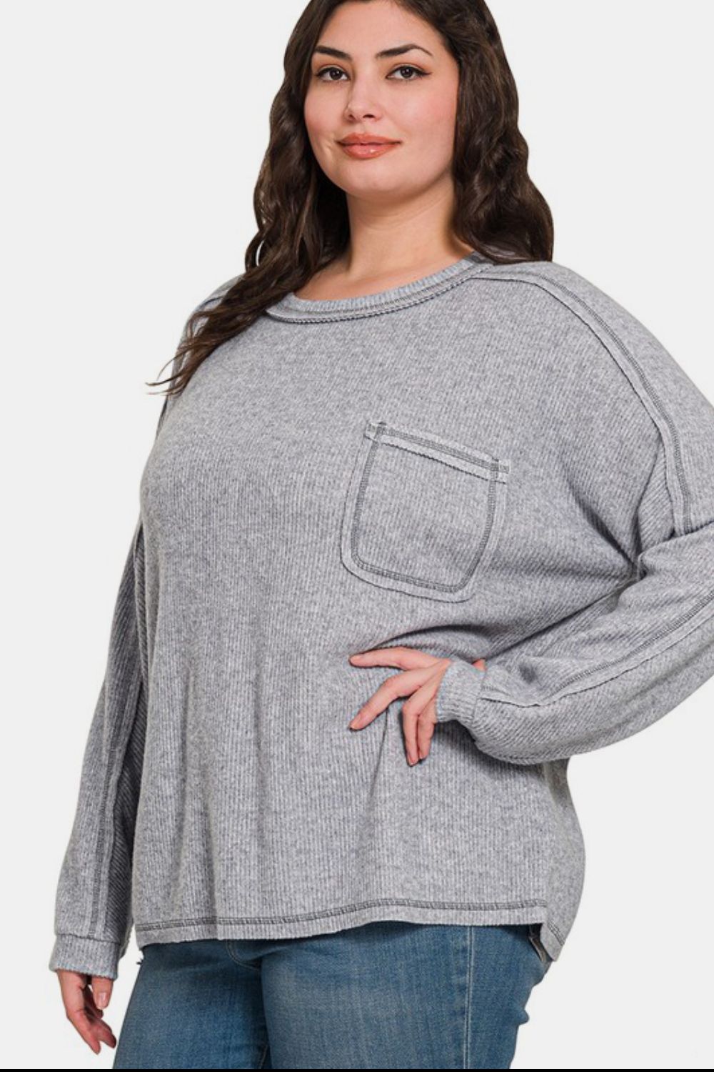 Zenana Cozy Unfiltered Contrast Stitching Brushed Ribbed Hacci Knit Top in Gray