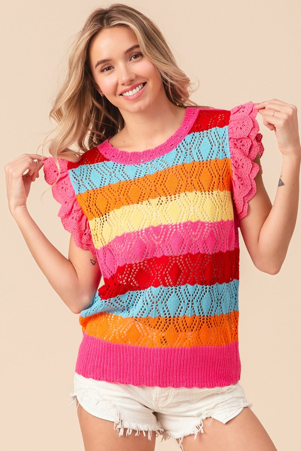 BiBi Chasing Rainbows Pointelle Striped Ruffled Knit Top