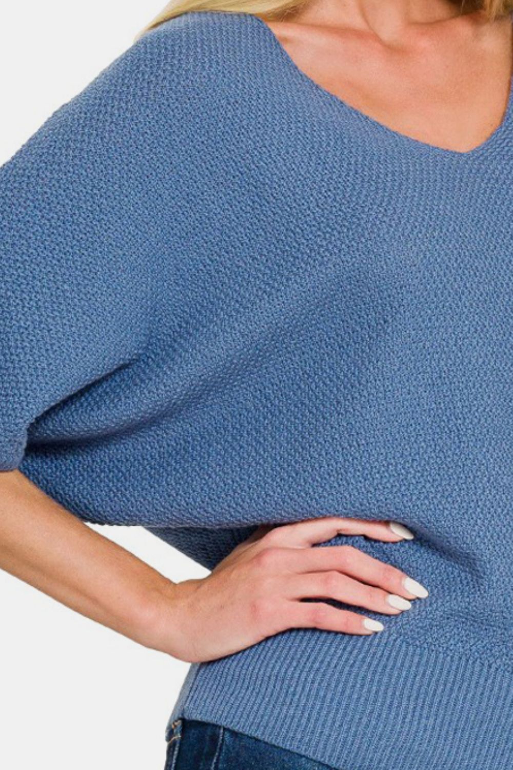 Zenana Make Your Move V-Neck Short Sleeve Dolman Sweater in Dusty Blue